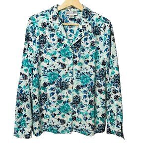 Vintage Womens Floral Dress Blouse Leslie Fay Blue White Top Shirt Size P 10 u